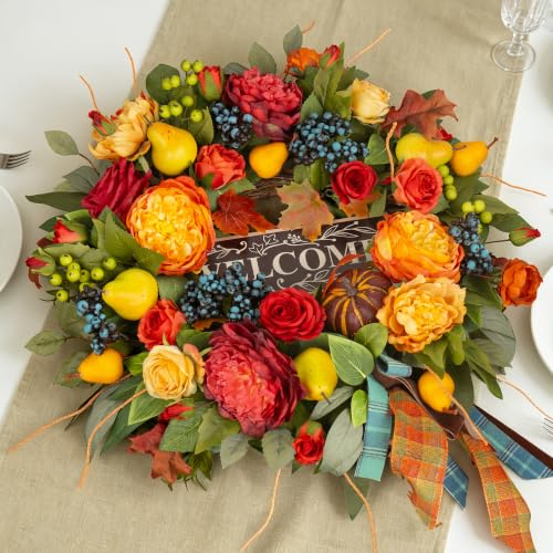 Autumn Wreath for Front Door 24 Inch Harvest Fall Decor - Orange, Red, Gold - Rustic Welcome Sign