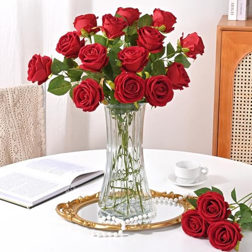 Red Artificial Roses 50 Pcs - Real Touch Velvet Flowers for Home Decor and Gifts