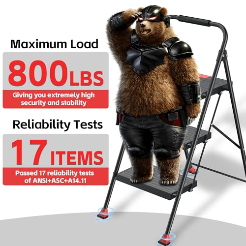 DiamondForge Red 3-Step Foldable Ladder Stool Heavy Duty for Home Kitchen