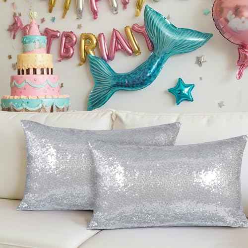 Poise3EHome 12x20inches Silver Throw Pillow Covers Sequin Decorative Pillow Cases for Couch, Bed, Living Room, Christmas (Silver, 1PCS)
