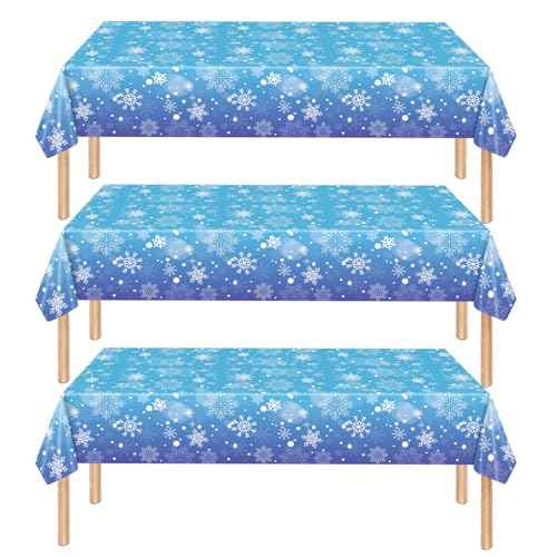 3 Pieces 54x108 Inch Snowflake Winter Wonderland Rectangle Plastic Tablecloth, Disposable Blue and Purple Table Cover with White Snowflakes for Christmas, Birthday, and Winter Party Decorations