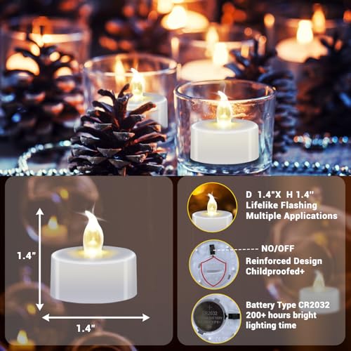 LED Tea Lights - 12 Pack Flameless Battery Operated Candles, 200+ Hours Flickering Warm White, Realistic Fake Tealights for Weddings, Home Decor, Parties, and Sweetest Day