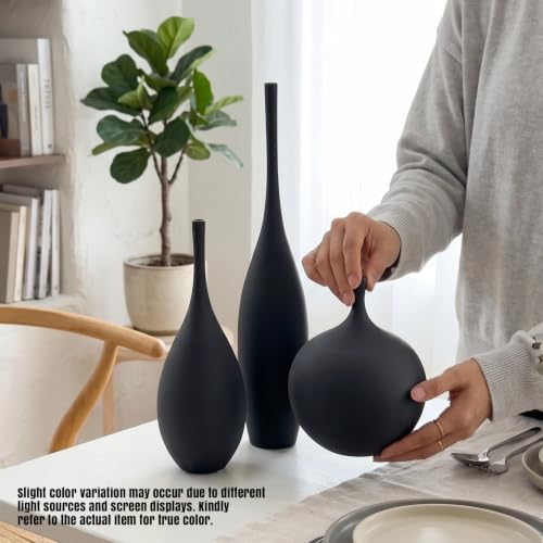 Black Ceramic Vase Set of 3 - Modern Boho Matte Minimalist Home Decor