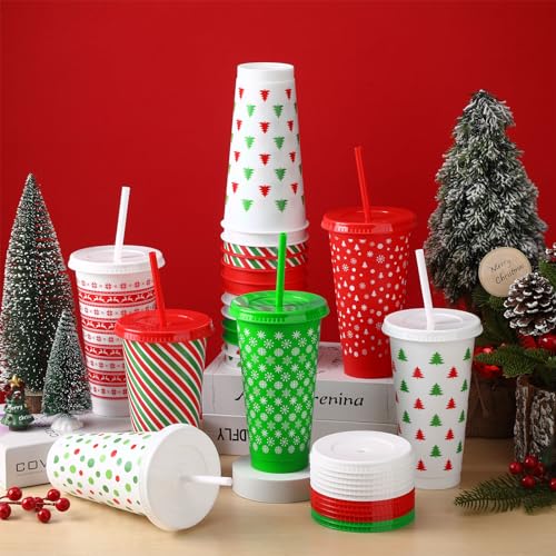 Maxcheck 18 Pack Christmas Tumblers with Straw and Lid 24 oz Plastic Cups