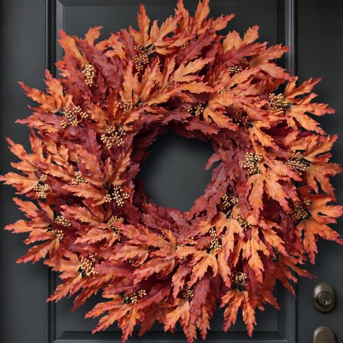 26-Inch Artificial Fall Maple Leaves Wreath for Front Door Decoration