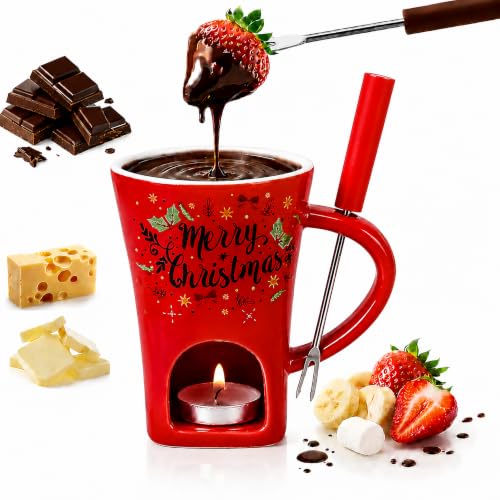 Umcnoi Red Chocolate Fondue Mug Set - Ceramic Fondue Cup, Tea Light Warmer