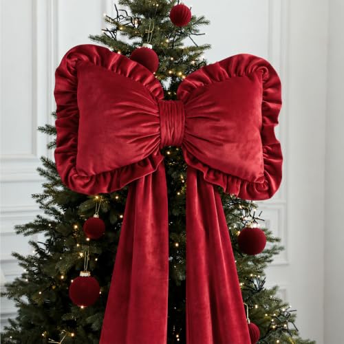 71x14'' Velvet Giant Pillow Christmas Tree Topper Bow, Burgundy Red