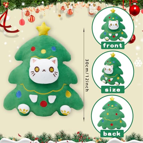 Christmas Tree Cat Stuffed Animals, 12-Inch Cute Cat Plush Pillow Kitten Toy Kawaii Plushie Soft Toy Gift for Birthday Valentine
