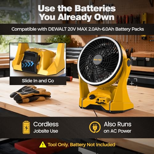 MakeTips Portable DeWalt 20V Max Battery Fan with LED Ring Light - Black & Yellow