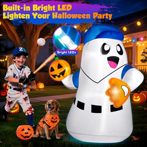 5FT Halloween Inflatable Ghost Pitcher with Pumpkin Baseball Outdoor Yard Decoration LED Lights