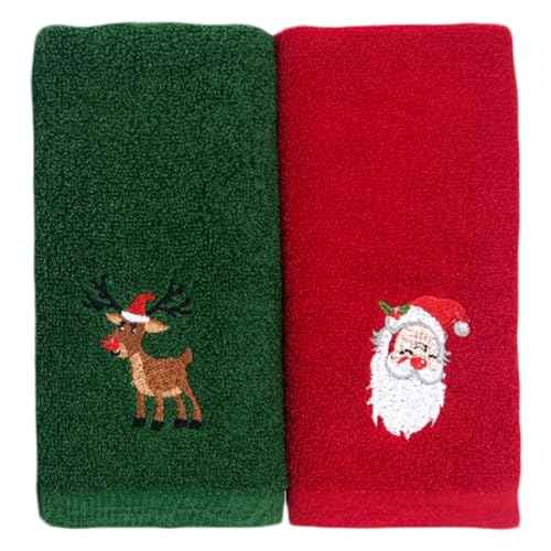 Veemoon 2pcs Christmas Face Towel Santa Bathroom Hand Towels Face Wash Cotton Wash Cotton for Bedroom, Bathroom, Kitchen(Red+Green)