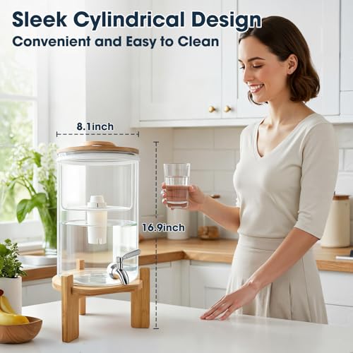 Water Filter Dispenser 2.1 Gallon Glass System with Wooden Stand and Filter for Home Office