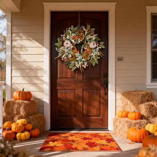 22-Inch Fall Wreath with Artificial Eucalyptus and Velvet Pumpkins - Farmhouse Holiday Door Decor