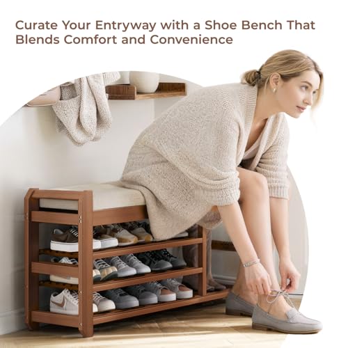 39.4-Inch Entryway Shoe Rack Bench with Adjustable Shelves and Cushioned Seat - Natural Bamboo
