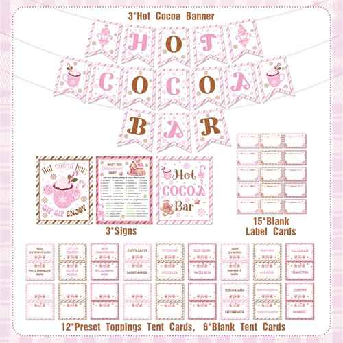 Hot Chocolate Bar Decor - 39 Pcs Pink Cocoa Gingerbread Man Banner Signs Toppings Tent Cards Name Game Labels Decorations Kit Party Supplies for Winter Christmas Holiday Birthday New Year
