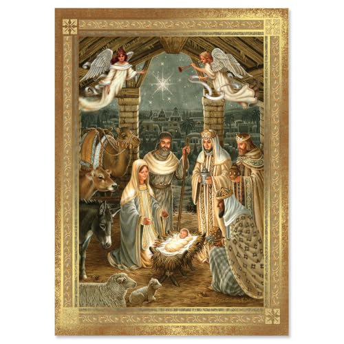Current Golden Nativity Religious Christmas Greeting Cards Set of 14 with Envelopes