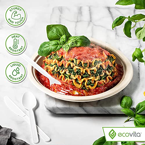 Ecovita Ivory White Compostable Disposable Spoons - 140 Large Eco-Friendly Cutlery, Heat Resistant, 6.3in., Tray Included
