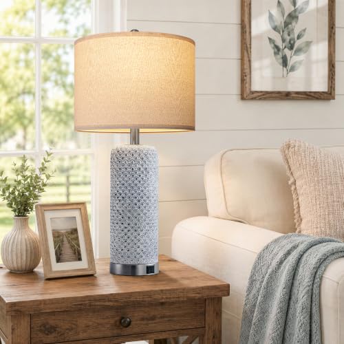 Antique Blue Farmhouse Table Lamps Set of 2 with USB A+C & 3-Way Touch Dimming