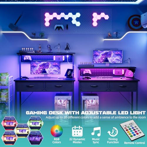 MUTUN 31 Inch Black Computer Desk with Drawers, Adjustable Monitor Stand & LED Light