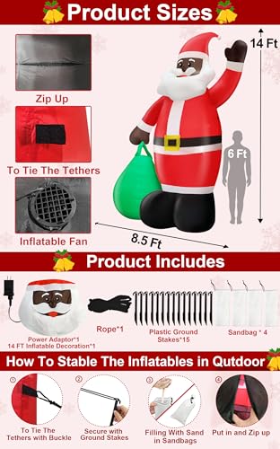 TURNMEON 14 Ft Black Santa Inflatable with Gift Bag, Built-in LEDs - African American Xmas Yard Decoration