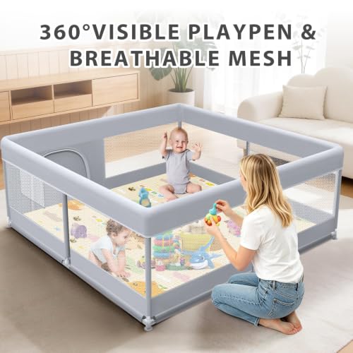 Baby Playpen with Mat - 50x50 Inch Indoor & Outdoor Play Yard for Toddlers - Grey