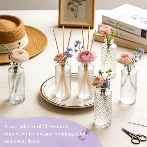 Clear Glass Bud Vases Set of 30 - Small Floral Centerpieces, Textured Designs