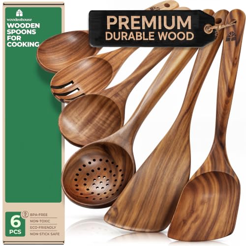 Wooden Spoons for Cooking - 6 Piece Teak Kitchen Utensil Set