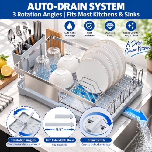 Godboat Dish Drying Rack - Silver Stainless Steel Kitchen Counter Organizer