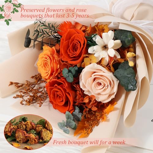 Preserved Orange Roses Bouquet - Long-Lasting Real Flower Arrangement with Vase