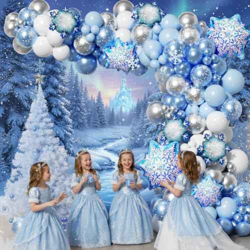 Snowflake Balloon Arch Garland Kit 182pcs, Snowflake Balloon Arch Kit Silver Blue White Wonderland Balloons for Winter Wonderland Christmas Baby Shower Snow Princess Birthday Party Decorations