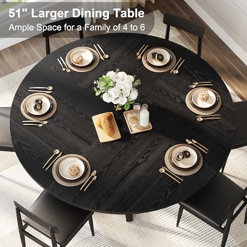 Black 51-Inch Round Dining Table with Pedestal & Storage Shelf - Space Saving Industrial Kitchen & Dining Room Furniture