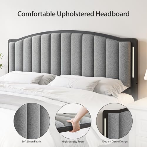 Queen Upholstered Tufted Headboard with Lights - Grey, Modern Design, Adjustable Support