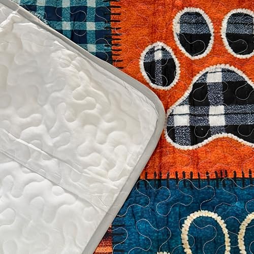 King Size Dog Paw Patchwork Quilt Set - Blue & Brown Microfiber Bedding, All Season, 3 Piece