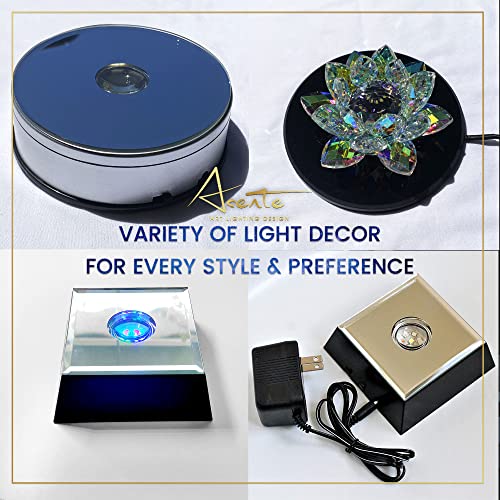 ASENTE 5 LED White Large Light Stand Base - Mirror Top Sqaure Display Pedestal for 3D Crystal Glass Art - AC or Battery Operated - 4 Inch Illuminated Holder - Lighted Paperweight - Small Rock Lamp