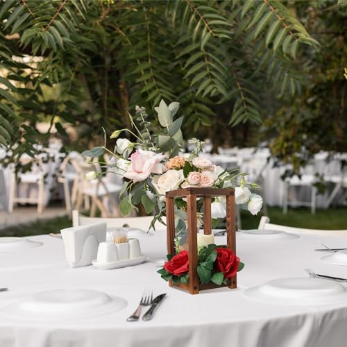 Wooden Wedding Lantern Centerpieces with Red Rose & LED Candles - Rustic Decor Set