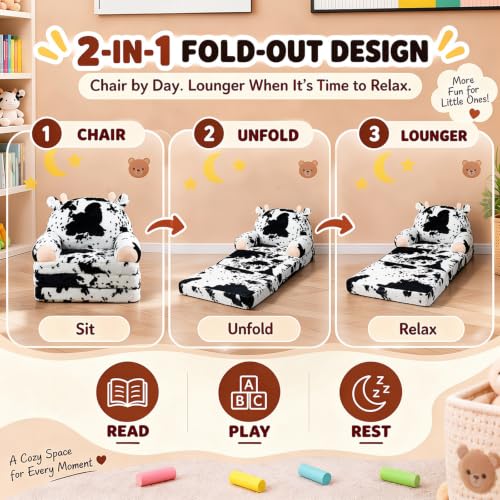 QIUODO Cow Toddler Couch Chair 2-in-1 Foldable Kids Sofa for Bedroom Playroom