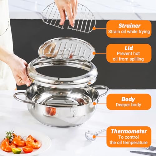 BEIYUANYA 4.2L Stainless Steel Deep Fryer Pot with Thermometer & Oil Drain Rack