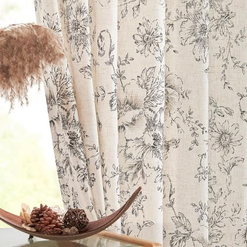 jinchan Black on Beige Floral Linen Curtains 84 Long, Pack of 2, Unlined, 50"W x 84"L