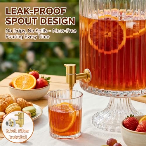 2.2 Gallon Clear Crystal Ribbed Glass Drink Dispenser with Stand & Gold Spigot