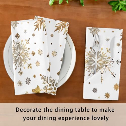 Christmas Snowflakes Cloth Napkin Set of 6 Gold White Reusable Holiday Table Linen
