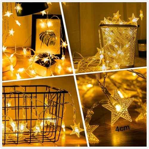 Star String Lights Battery Operated, 20Ft 40 LED Star Fairy Lights Warm White Christmas Twinkle Lights Indoor Outdoor for Bedroom Home Canopy Fireplace Wedding Party Xmas Tree Decoration