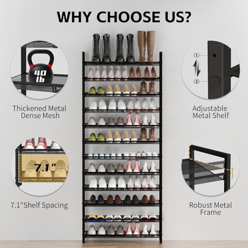 Black 12-Tier Metal Shoe Rack Organizer for Closet, Entryway, Garage - Adjustable Shelves, Tall Shoe Storage Solution