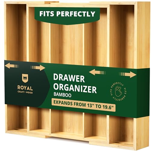 Natural Bamboo Kitchen Drawer Organizer - 5 Slot Silverware & Utensil Tray, Expandable, Durable