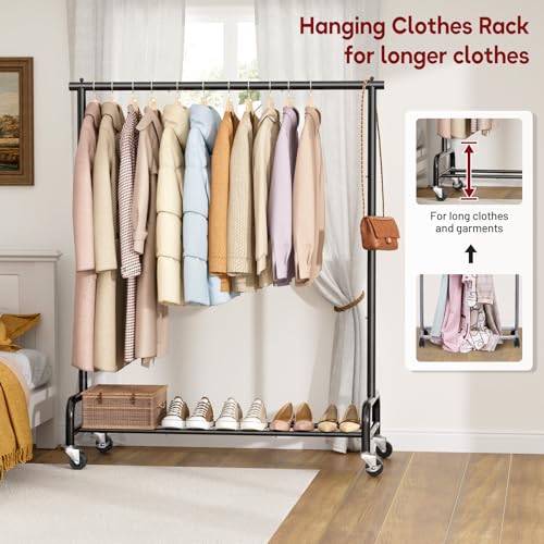 Heavy Duty Rolling Clothing Rack - 43-Inch Wide Garment Rack with Wheels, Black, Single Rod