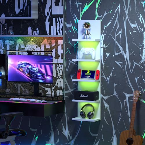 RGB Light 5-Tier Wall Shelf Unit - White, Modern Floating Shelves with Remote
