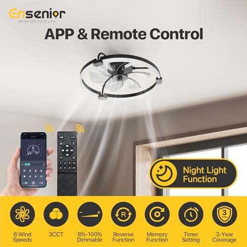 Ensenior 20-Inch Flush Mount Ceiling Fan with Lights, APP Control, Black