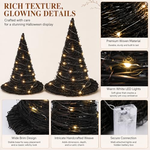 2Pcs Halloween Rattan Witch Hat Table Decor with String Lights - Party Centerpieces