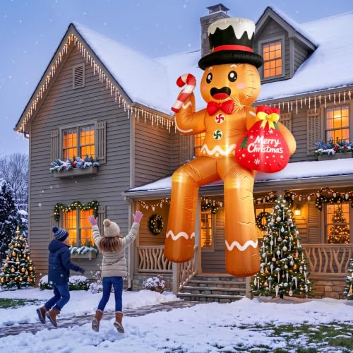 CORALMEE 11FT Sitting Gingerbread Man Christmas Inflatable with Top Hat, Candy Cane & Gift Bag (Outdoor Decor)