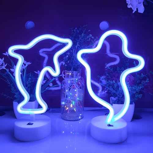 JYWJ Neon Signs with Holder Base,USB or 3-AA Battery Powered Neon Light,LED Desktop Wall Decoration,Various Parties,Decoration of Business Premises(Ghost)