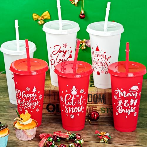 Cinrobiye Red 24 oz Christmas Plastic Cups with Lids & Straws - Holiday Party Supplies